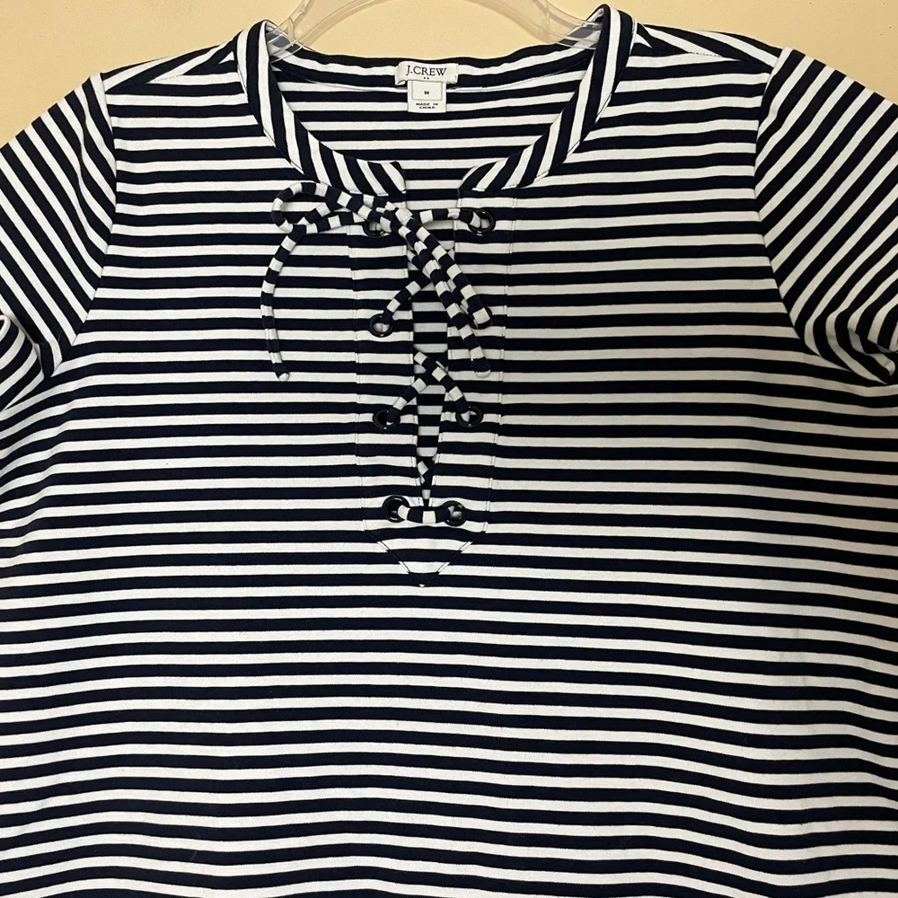 J. Crew Striped Nautical Mini Dress Medium Short Sleeves Lace Up Coastal H9354